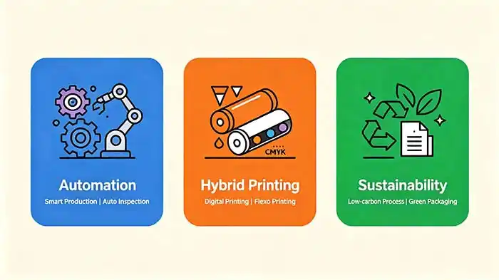 label finishing industry trends 2025 automation hybrid printing sustainability icons